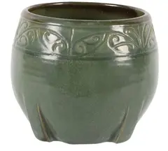 Olive Jones, Bullet shaped vase on four feet, Pottery with incised koru design