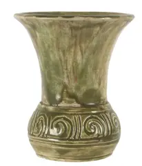 Briar Gardiner, Spill vase, Pottery, mottled green glaze, incised koru motif