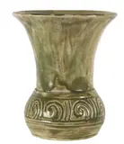 Briar Gardiner, Spill vase, Pottery, mottled green glaze, incised koru motif