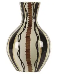 Hand crafted mallet shaped vase by Daniel Steenstra for Crown Lynn, Coffee and black vertical banding and strings, sold Apr 2008