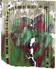Camilla Highfield, Open Hearted, oil and collage on corrugated iron