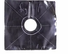 L. Budd, Fig 1: Technique of Approach, oil, oilstick, masking tape and shrink wrap on found LP record cover