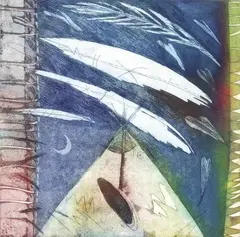 Philippa Blair, White Feathers, Hearts and Tipi, etching, 7/25
