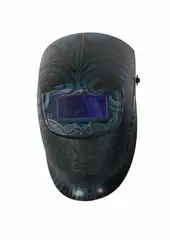 Michel Tuffery, Moko Welding Mask No. 2, found gas welding mask, etching and acrylic