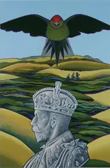 Don Binney, King George with Bird in Landscape, acrylic on Steinbach paper