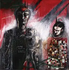 A Mutual Post 5 Year Breakup Collaboration: Commemorative Syncronistic - No Abandonment 'Everything Happens for a Reason' Type Piece by James Robinson, mixed media on Irish Linen, sold Oct 2007