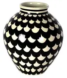 Frank Carpay for Crown Lynn, Ovoid vase with repeat escalloped scale pattern, Marked Handwerk and with tiki stamp