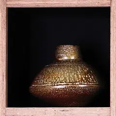 Estelle Martin, Anagama fired, wheel thrown discoid pot with cylindrical neck. Wood ash glazed.