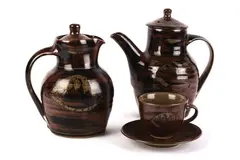 Harry & May Davis, Six place coffee service with pot and hot water jug, Tenmoku glazed with resist pattern