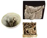 Bronwynne Cornish, Celadon glazed porcelain bowl with relief moulded frog to the well, together with a celadon glazed rectangular dish with a frog and French fries modeled in high relief and a celadon glazed mesh purse.