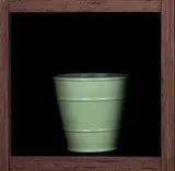 Ernest Shufflebottom for Crown Lynn, hand potted vase, sage green, tapering cylindrical with raised encircling ribs, Printed tiki mark