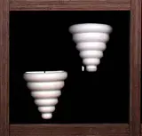 Matt white, slip cast, tapering swollen ribbed by Pair of Crown Lynn wall vases, Shape 4, printed crowned star mark, sold Oct 2007