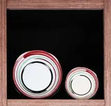 Frank Carpay for Crown Lynn, Dish with celadon, aubergine and back banding along with three small matching dishes
