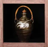 Mirek Smisek, Stoneware flask with resist brushwork, cane handle and stopper