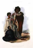 George French Angas, Te Mutu, Chief of the Shuti with his Sons, hand-coloured lithograph, 1847