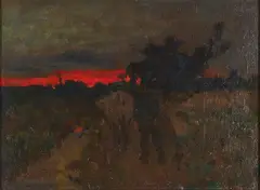 James Nairn, Farmer with Cow at Dusk, oil on board