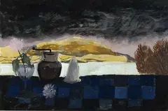 William Mason, Still Life with Blue Cloth, gouache