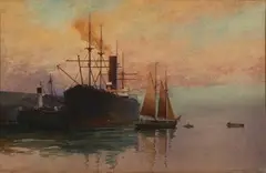 Walter Wright, The Coaster Unloading at Craig's Wharf, Auckland, watercolour