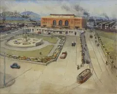 Helen Hodges, Auckland Railway Station in the 1950s, watercolour