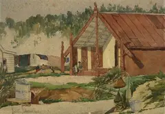 Lucretia Johnson, Meeting House, Whakarewarewa, watercolour