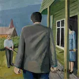 Trevor Moffitt, Sergeant Cooper Talking to Mr and Mrs Graham, oil on board
