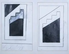 Geometric Abstract Study by Gordon Crook, charcoal and graphite on paper, diptych, sold May 2007