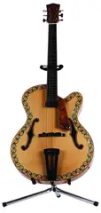 Michael Parekōwhai, Tua Iwa from Patriot: Ten Guitars, flame maple, spruce, rewarewa, swamp kauri, ebony, paua shell and stand, 1999