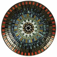John Crichton, mosaic tiled charger, spun anodized metal and ceramic mosaic tiled charger