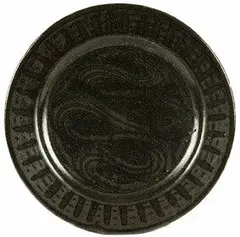 shallow stoneware dish by Michael Cardew, with sinuous combed pattern framed by dash border. Small rim frit, sold May 2007