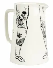 white china water jug by Sam Mitchell, hand painted with tattooed legs, sold May 2007