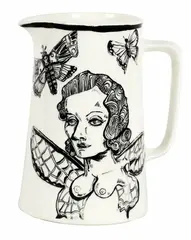 white china water jug by Sam Mitchell, hand painted with moths and butterfly woman, sold May 2007