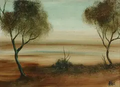 Pro Hart, Outback Landscape, Oil on Board