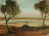 Pro Hart, Outback Landscape, Oil on Board