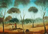 Pro Hart, Trappers Skinning Rabbits, 1975, Oil on Board