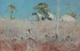Mike Nicholas, Brolgas and Mine Shaft, Oil on Canvas on Board