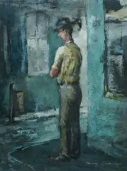 Mary Brady, Man Waiting on Corner, Oil on Board