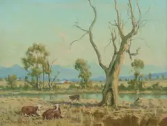 John A. Gardner, Cattle Country and the Billabong, 1982, Oil on Canvas on Board