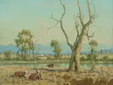 John A. Gardner, Cattle Country and the Billabong, 1982, Oil on Canvas on Board