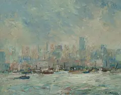 Doreen Gadsby, City Skyline, Oil on Canvas Board