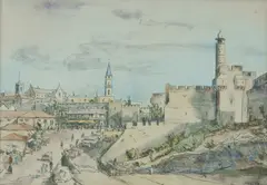 Curt Singer, The Old City of Jerusalem with Tower of David, 1946, Ink & W/Clr