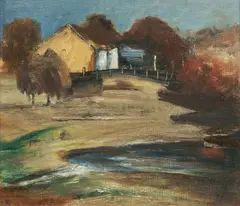 Lloyd Rees, Farmhouse by Water, Oil on Canvas on Board