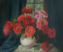 John Charles Allcot, Zinnias, Oil on Canvas on Board