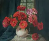 John Charles Allcot, Zinnias, Oil on Canvas on Board
