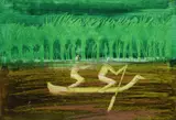 Sidney Nolan, Two Men in a Canoe, New Guinea, Wax Crayon & Fabric Dye on Paper on Board