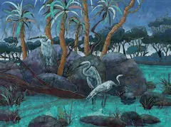 Leon Pericles, Egrets in Tropical Landscape, c.1987, Oil on Board