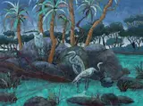 Leon Pericles, Egrets in Tropical Landscape, c.1987, Oil on Board