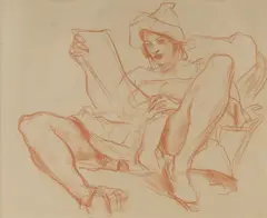 Ivor Hele, Jean Wearing Hat, Reading,' c.1945-7, Conte Crayon