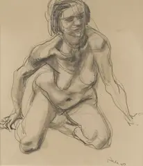 Ivor Hele, Female Nude - Front View, Kneeling Forward, 1950, Pencil