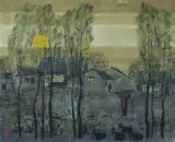 Fuyuan Li, Village with Goats at Night, 1993, Ink & Colour on Paper
