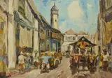 Sujatno Koempoel, Ox Cart and Street Traders, Oil on Canvas